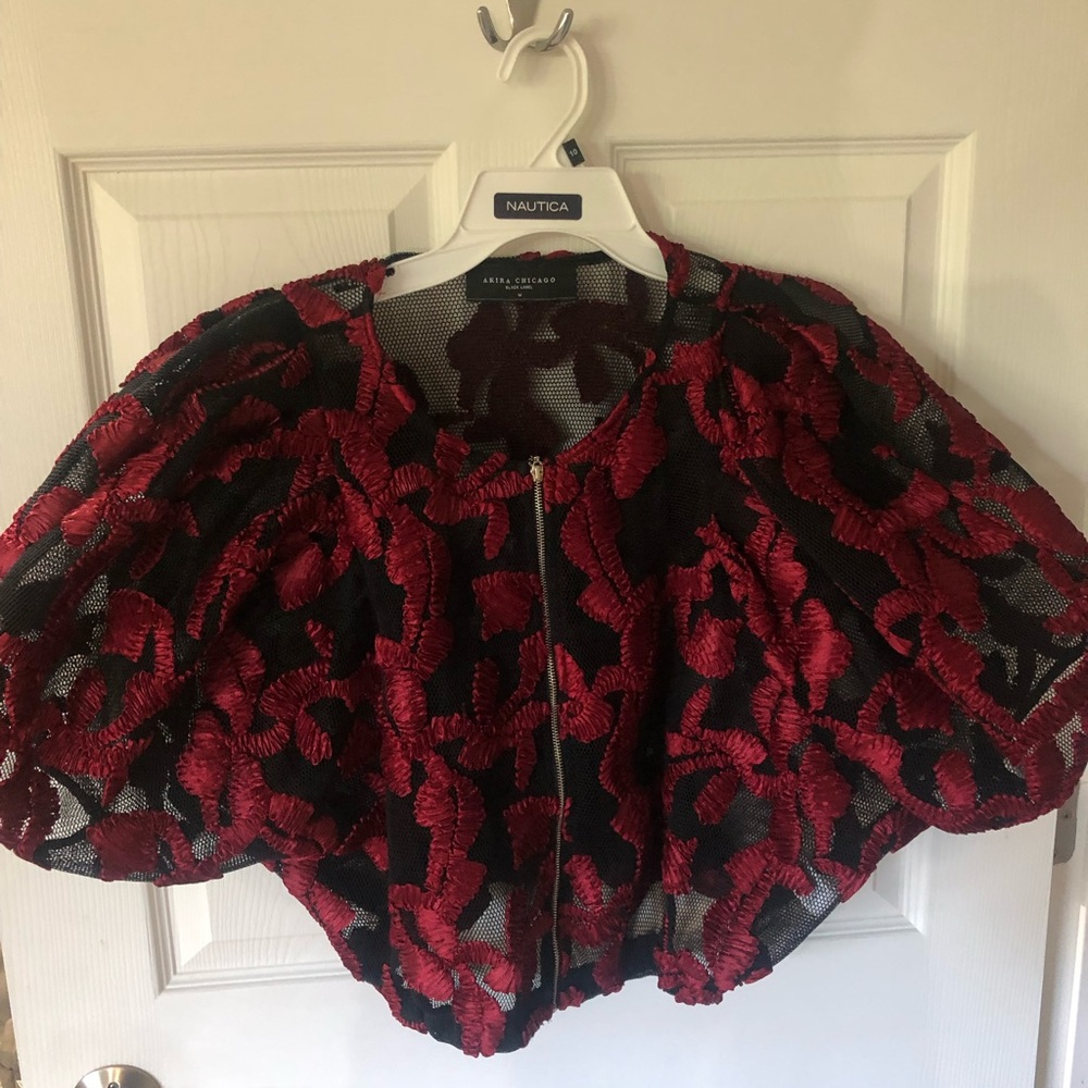Crop jacket with black mesh and red embroidery